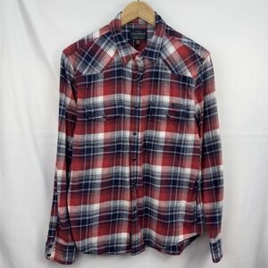 Lucky Brand Flannel Shirt Plaid Western‎ Style Long Sleeve Red Blue M